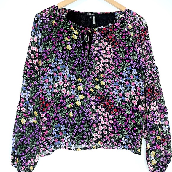 1.State Ditsy Patches Mixed Black Floral Blouse with Sheer Sleeves - Picture 2 of 6